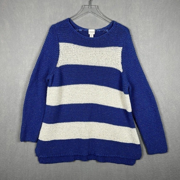 Chico's Sweater Top Size 3/XL Blue Striped Metallic Gold Open Knit Pullover - Picture 2 of 13